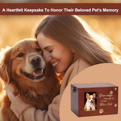 Pet Memorial Urns for Dog or Cat Ashes, Large Wooden Funeral Cremation Urns with Photo Frame, Keepsake Memory Box with Flannel Lining (Brown)