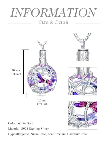 TOUPOP Butterfly Necklace for Women 925 Sterling Silver Tree of Life Butterflies Dragonfly Hummingbird Pendant Necklaces Crystal Jewelry Anniversary Christmas Birthday Gift for Her - color: Dragonfly Purple - Urn