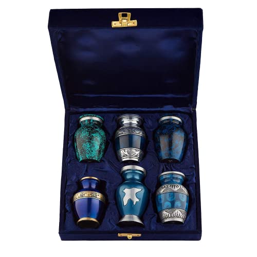 Small Urns for Human Ashes Adult Male or Female - Mini Urns - Cremation Keepsakes with Velvet Box - Memorial Urn and Ash Storage (Blue, 6 Count (Pack of 1))