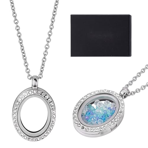NBEADS 1 Pc Locket Pendant Necklaces and 1 Pc Cardboard Jewelry Box, Picture Frame Memory Locket Charm Floating Memory Necklace - style: Round