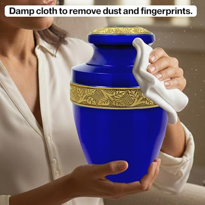 Cremation Urn for Human Ashes, Persian Blue & Gold - color: Persian Blue Gold, size: Hand-Etched Leaf - 7x11"