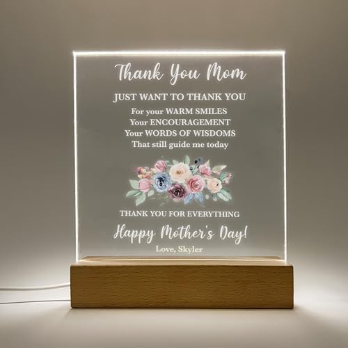 Personalized Custom LED Wood Stand Frame Night Light Up Lamp, Gift For Mom, Words With Love Thank You Mom For Everything, Happy Mother's Day, Flowers, Special Message. Handcrafted in CT, USA.