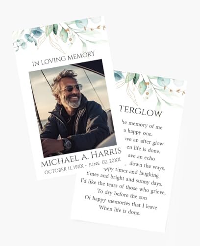 Funeral Memorial Prayer Cards, Greenery, Double-Sided, Photo Personalized with Prayer, Poem, Memory Card, Celebration of Life Bereavement, Comfort, Remembrance, Sympathy, Funeral Favors, Laminated