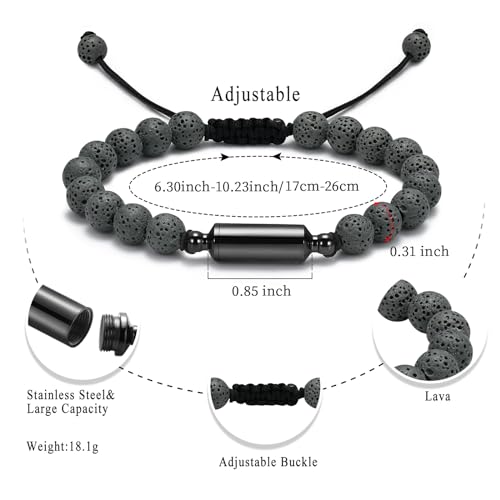 Oinsi Lava Rock Bracelet With Tube Memorial Urn Jewelry For Ashes Of Loved Ones Keepsake Cremation Bracelet Women Men Adjustable Length - color: Gray