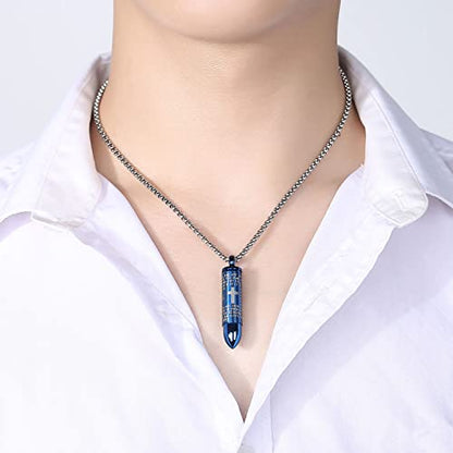 Mens Urn Necklace For Ashes Bullet Shape Cross Cremation Urn Jewelry - color: Blue Tone