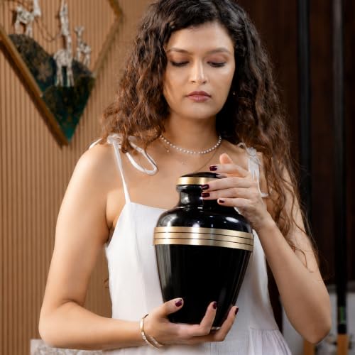 Cremation Urn for Human Ashes Adult Male/Female, 200+ Cubic Inch Capacity, 10 x 7 Inch Metal Funeral Urn with Secure Screw-Top Lid, Avlon Midnight Black Gold, Velvet Bag Included - color: Midnight Black Gold, size: Avlon 10x7