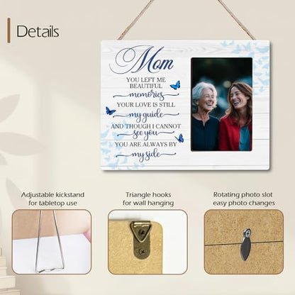 Loss of Mom Memorial Wooden Picture Frame, Always By My Side Sympathy Gifts for Loss of Mother, Fits 4x6 Photo Frame - color: Blue-mom