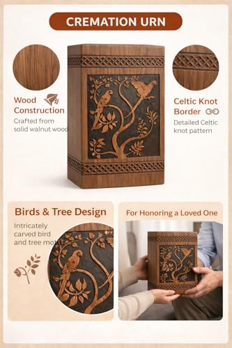 Urn for Ashes – Parrot & Tree Engraved Memorial Urn Box, Decorative Cremation Urn, Premium Wood Display[Available urn Box in 5 Different Sizes] ((Full Size 14X7.5 600 Cubic INCHES))