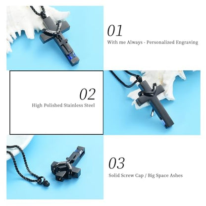 Oinsi Black Cross Urn Necklace For Ashes Of Loved Ones With Birthstone Always In My Heart Cremation Jewelry Keepsake Pendant Women Men - color: Dark Blue Stone