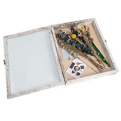 GraduatePro Shadow Box Frame 11x14 Display Case with Linen Back, Real Glass Window Door with Hinge, Picture Frame Wedding Bouquet Memorabilia Medals Photos Memory Box for Keepsakes, Rustic White | Hinged Front Open Door with Tempered Glass, Linen Back wit