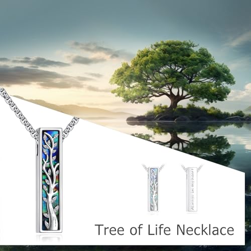 Cremation Urn Necklace for Ashes 925 Sterling Silver Moon Phase/Tree of Life/Hummingbird/Moss Agate/Opal/Compass/Mountain/Butterfly/Turquoise/Sunflower/Dragonfly/Cross Pendant Necklace Cremation Memorial Keepsake Urn Jewelry for Women Men - style: Tree of