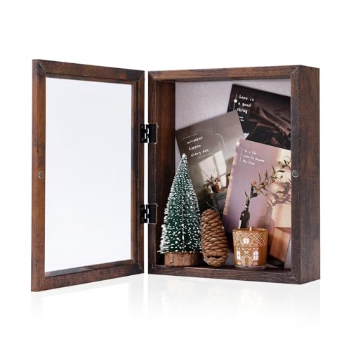 Muzilife 8x10 Shadow Box Picture Frame, 2.16 Deep, Real Glass, Honey Brown | FSC-Wood, Magnetic Door, Linen Interior & Pins, Vertical, Horizontal Wall Hanging, Display Case Frame for Photos & Keepsakes - color: Honey Brown, size: 8x10
