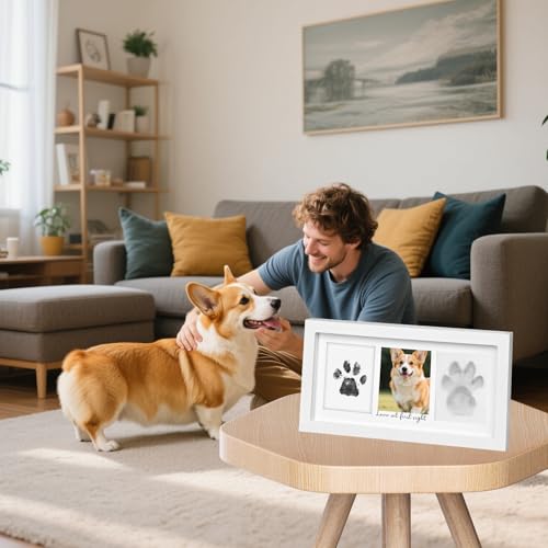 Paw Print Frame Kit, Cat/Dog Paw Print Kit, Dog Nose Print Kit, Soft Pawprint Clay&Clean Touch Ink Pad,Pet Paw Print Impression Kit with Customization Tool, Wooden Pet Memorial Frame, White - color: White