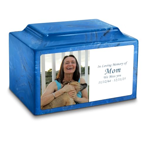 GetUrns Cultured Marble Urn Vault by Mackenzie with Personalized Picture and Text for Human Ashes I Mystic Blue Adult Urns for Male and Female I 210lbs - color: Mystic Blue