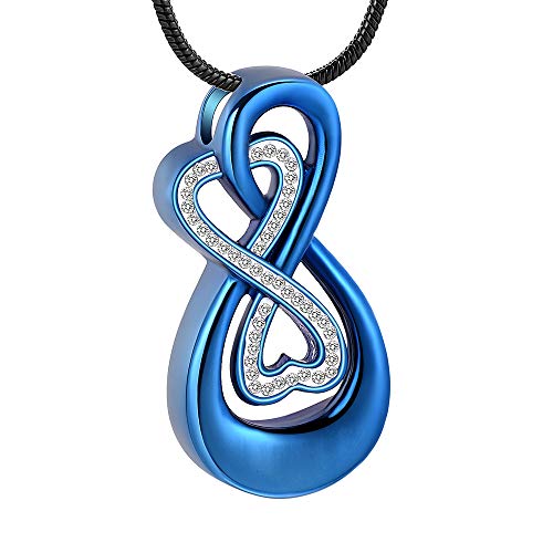 Infinity Love Urn Pendant Stainless Steel Snake Chain Cremation Jewelry for Ashes for Woman Free Filling Tools Include - color: Blue