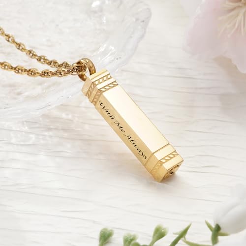 abooxiu Urn Necklace for Ashes Memorial Cremation Jewelry for Ashes Stainless Steel Ashes Jewelry Cube Ashes Necklace Bar Urn Pendant for Women Men - style: With Me Always-Gold