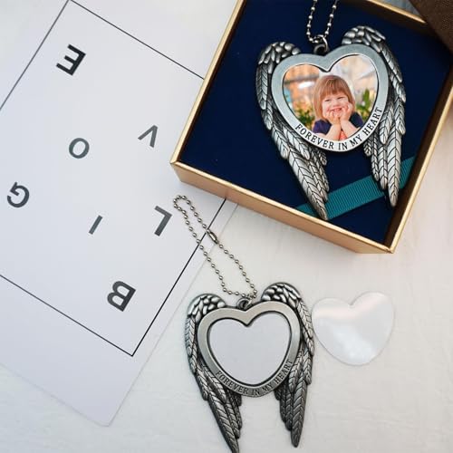 6 Set Sublimation Angel Wing Ornament Blanks Metal Love Heart Pendant Personalized Car Hanging Ornaments with Blank Photo for Home Window DIY Picture Crafts Silver