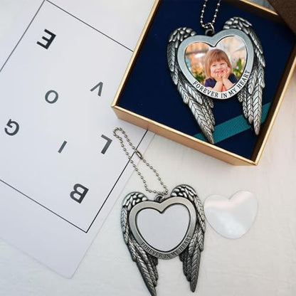 6 Set Sublimation Angel Wing Ornament Blanks Metal Love Heart Pendant Personalized Car Hanging Ornaments with Blank Photo for Home Window DIY Picture Crafts Silver