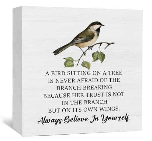 A Bird Sitting on a Tree Is Never Afraid Inspirational Sign - Inspirational Motivational Bird Shelf Desk Decor, Inspirational Motivational Birds Wooden Box Signs Decorative Signs & Plaques - color: Birds-4, size: 5x5 in