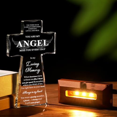 Bluebook Sympathy Gifts for Loss of Loved One - Angel Religious Crystal Cross 4.7x7.9 Inch,Memorial Gifts for Loss of Mom Dad,Condolences Bereavement Remembrance Gift in Memory of Pet Dog Cat - style: LED Glass Cross-Angel Lights