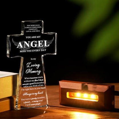 Bluebook Sympathy Gifts for Loss of Loved One - Angel Religious Crystal Cross 4.7x7.9 Inch,Memorial Gifts for Loss of Mom Dad,Condolences Bereavement Remembrance Gift in Memory of Pet Dog Cat - style: LED Glass Cross-Angel Lights