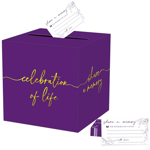 QISOLIY Purple Gold Celebration of Life Card Box Share a Memory Box, for Memorial Service Remembrance Table Decor Weddings Retirements, Sympathy (50Pcs Cards) - color: Purple Gold