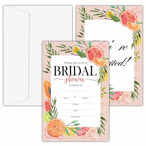 Bridal Shower Invitations, 25 Tropical Citrus Invites with Envelopes for Bridal Shower Reception Engagement Party, Summer Wedding Party Cards - B08 - style: Tropical Citrus