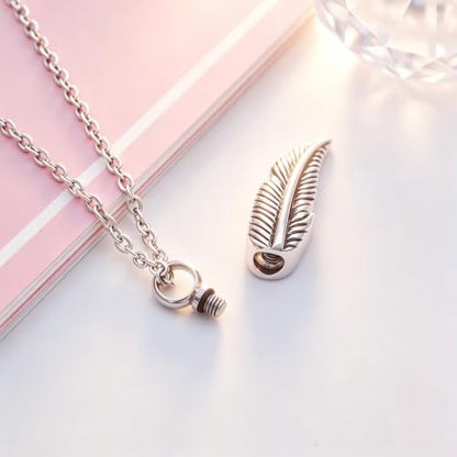 SIYUU Feather Urn Necklace Hold Cremation Ashes Keepsake Memorial Jewelry Stainless Steel Personalized Funeral Jewelry for Women Men - color: Silver
