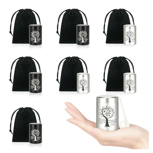 8 Pcs Mini Urns for Human Ashes, Aluminum Keepsake Cremation Urns | Tree of Life engraving, velvet pouches & spoons, sealed screw lid for family ash sharing