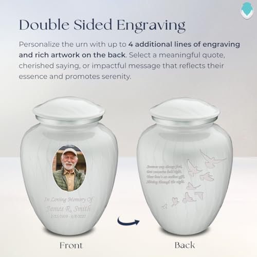 Embrace Adult Personalized Doves Cremation Urns for Human Ashes I Large Picture Pearl White Funeral Urn for Adult Men and Women with Double Side Engraving I 200 lbs - color: _Pearl White (Double Sided)