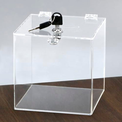 QWORK Acrylic Donation & Suggestion Box 6x6x6 Inches – Clear Lockable Design for Office, Event & Counter Use