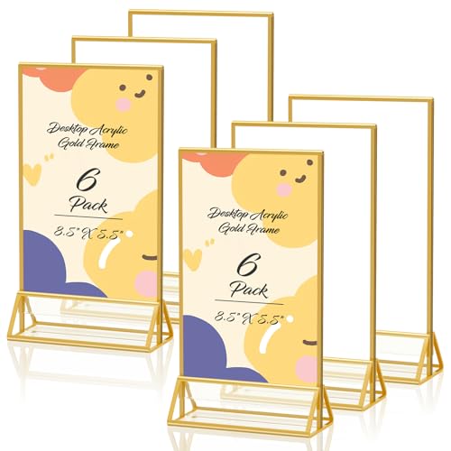 8.5 x 5.5 Acrylic Sign Holder with Gold Frame, Double Sided Display Stand Ideal for Display Wedding Table Numbers, Picture, Flyer Menu Holder, 6 Packs - color: Gold, size: 6 Pack- 8.5X5.5 Inch