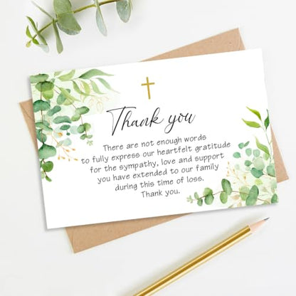 50 Pack Funeral Thank You Cards with Envelopes, Message Inside | 4x6In Thank You Cards for Funeral, Cross & Eucalyptus Design, Sympathy Bereavement Thank You Cards, Thank Family/Friends