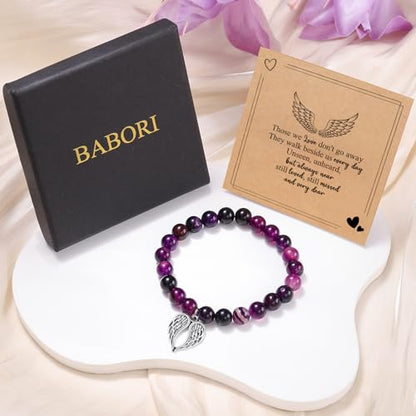 Sympathy Gifts for Loss of Loved one Memorial Healing Remembrance Condolence Grief Present for Women Pink Beads Bracelet With Angel Wings - style: Amethyst-Wings-With Heartfelt Sympathy