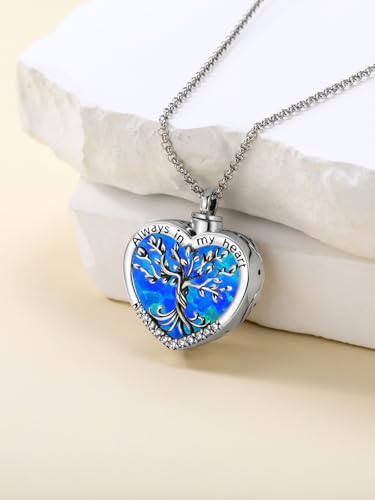 TOUPOP Tree of Life Urn Necklaces for Ashes 925 Sterling Silver Heart Cremation Jewelry Memorial Keepsake Jewelry with Funnel Filler for Women Men - color: A-Heart Tree of Life-Blue Opal