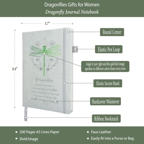 Dragonfly Gifts Women, Inspirational Encouragement Dragonfly Gift Ideas | Hardcover Notebook Green Foil 200 Pages A5 Lined, Dragonfly Themed Gift for Dragonfly Lover Friend Birthday Holiday Christmas - color: Gray-Green