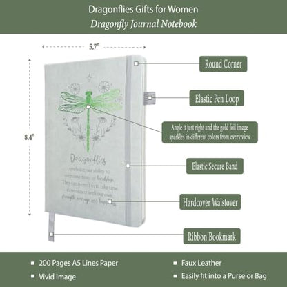 Dragonfly Gifts Women, Inspirational Encouragement Dragonfly Gift Ideas | Hardcover Notebook Green Foil 200 Pages A5 Lined, Dragonfly Themed Gift for Dragonfly Lover Friend Birthday Holiday Christmas - color: Gray-Green