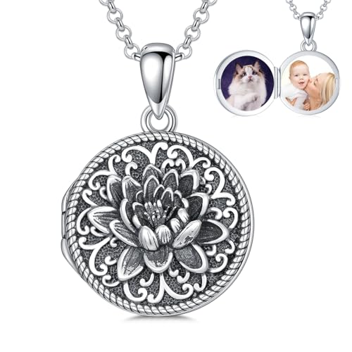 Round Locket Necklace 925 Sterling Silver Filigree/Flower Locket Necklace That Holds Pictures Birthday Christmas Jewelry Gifts for Women - color: 06-Lotus Locket