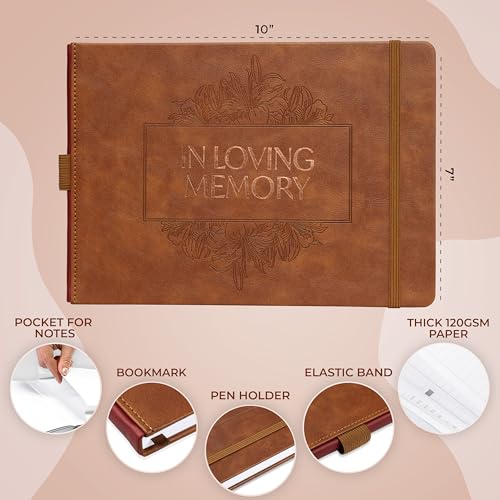 Skyline Funeral Guest Book, Memorial Service Sign-In, Brown | 10x7 in, 610 entries, Eco leather hardcover, Personalized celebration of life guestbook, Memory book & condolence register - color: Brown