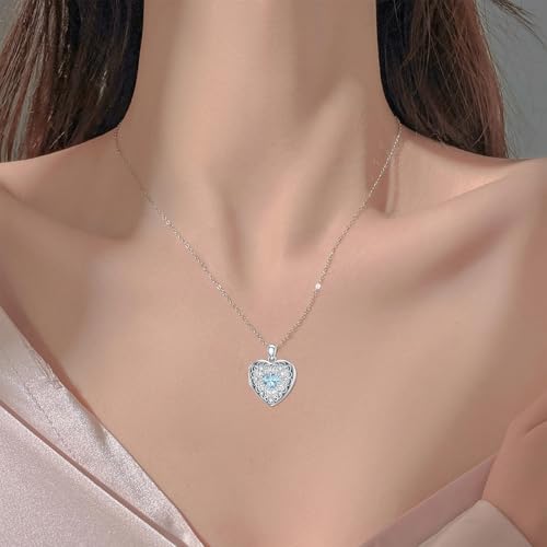 Heart Locket Necklace 925 Sterling Silver Personalized Picture Locket Pendant Birthday Christmas Jewelry Memorial Gifts for Women - color: March Crystal Locket