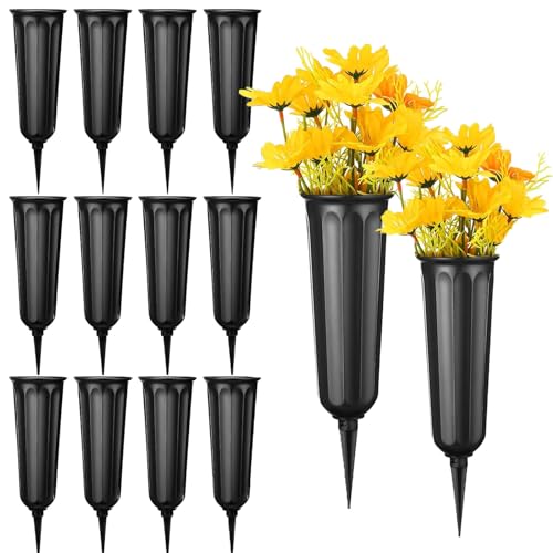 12 Pack Memorial Flower Vase Plastic Cemetery Vases with Spikes Cemetery Decorations for Grave Decorations for Flowers Plastic Vases for Flowers - color: Black