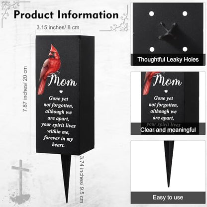 Hushee Memorial Grave Flower Holder Metal Cemetery Cardinal Vase, Mom | Funeral Memorial Decor with Black Spike, for Loss of Loved Ones, Outdoor Funeral Vase for Cemetery, Cardinal Art - style: Mom