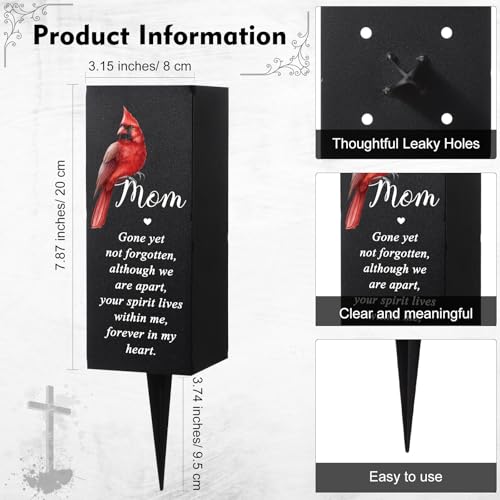 Hushee Memorial Grave Flower Holder Metal Cemetery Cardinal Vase, Mom | Funeral Memorial Decor with Black Spike, for Loss of Loved Ones, Outdoor Funeral Vase for Cemetery, Cardinal Art - style: Mom