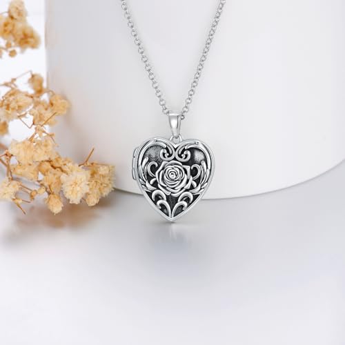 Heart Locket Necklace 925 Sterling Silver Personalized Picture Locket Pendant Birthday Christmas Jewelry Memorial Gifts for Women - color: Rose Locket