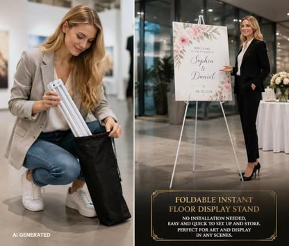 MXG 7-66" Adjustable Metal White Easel Stand for Painting, Sign & Display | Quick Setup Tripod Display Stand with 2 Clips, Portable Foldable Art Easel for Wedding,Posters & Exhibition - color: White