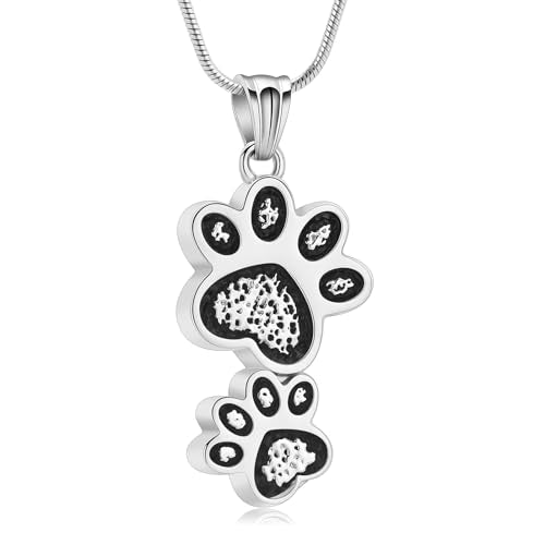 Paw Print Urn Necklace for Ashes Pet Cremation Jewelry Stainless Steel Memorial Necklaces Ash Holder for Pet/Dog/Cat Keepsake Jewelry for Loved Ones with Fill Tool - color: Silver