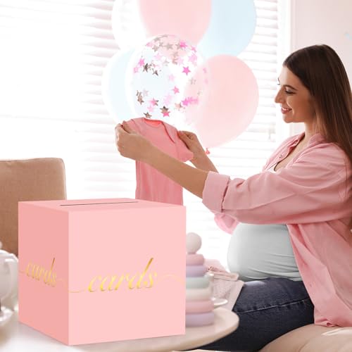 Pink Card Box Gold Foil Wedding Favors Gift Card Boxes Post Box Receiving Money Box Holder for Wedding Reception, Baby Showers, Anniversary, Birthday Party, Retirement, Graduation Envelope Holder - color: Pink and Gold