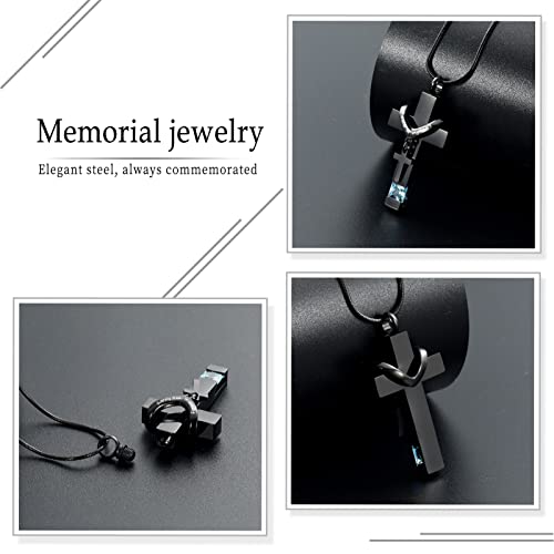 Forever in My Heart Birthstone Personalized Double Cross Urn Pendant Cremation Jewelry for Ashes Cross Ashes Keepsake - color: Light Blue
