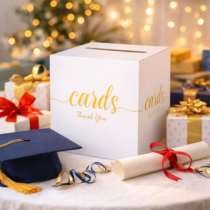 Wedding Card Box with Slot White Gold 7.8 in Baby Shower Party | Graduation, Birthday, Bridal Shower, Wedding Reception, Holds Cards & Envelopes, Gift Cards, Easy Assembly, Folds Flat - color: WhiteGoldThanks