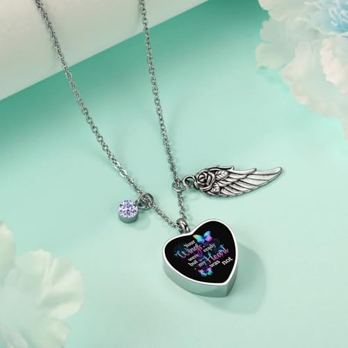 RIPFEVURN Heart Cremation Jewelry Urn Necklaces for Ashes for Women Stainless Steel Butterfly Cremation Jewelry Human Ashes Holder Memorial Keepsake Pendant - color: Your wings
